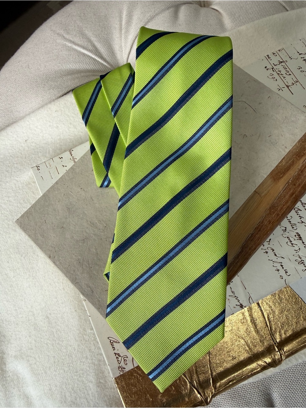 Fabio EUC Lime Green and Navy Striped Men's Necktie. Smoke & pet free home